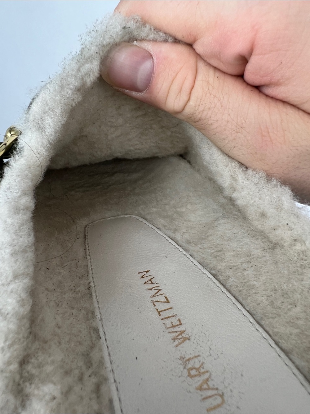 Stuart Weitzman Olive Green Suede Shearling-Trim Mules with Gold Ring - Picture 9 of 11